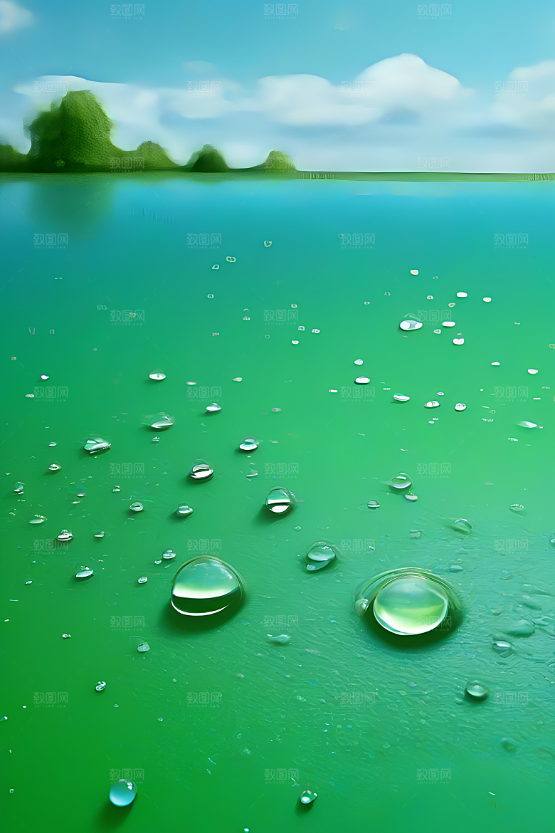 水滴水面照片与蓝天绿水数字背景图片
