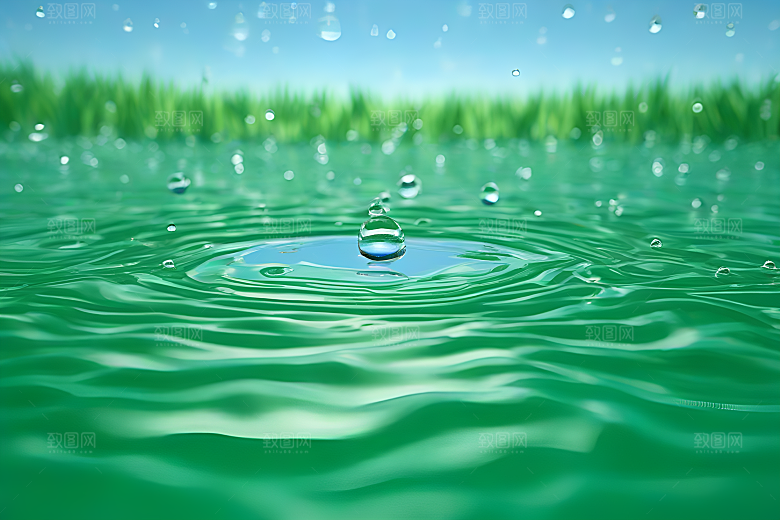 水滴水面照片与蓝天绿水数字背景图片