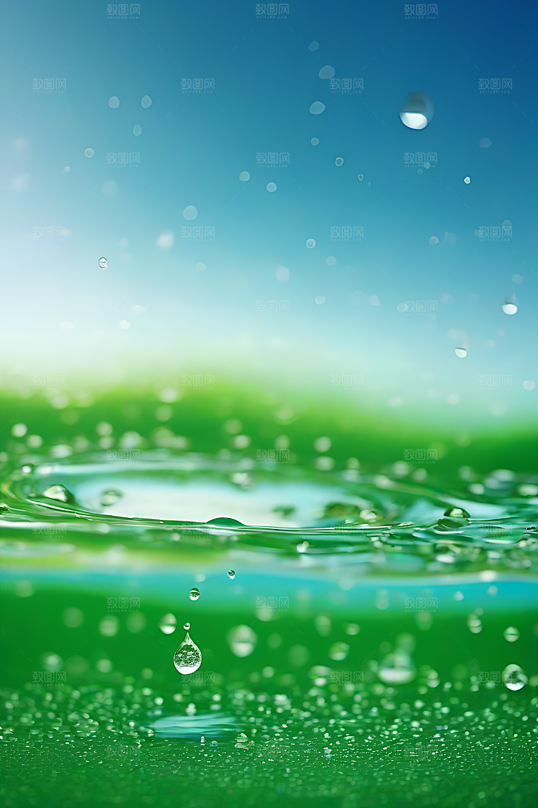 水滴水面照片与蓝天绿水数字背景图