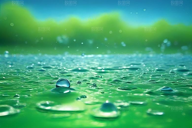 水滴水面照片与蓝天绿水数字背景图