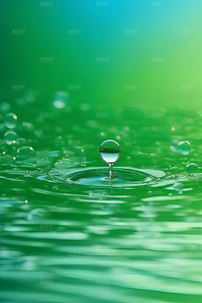 水滴水面照片与蓝天绿水数字背景