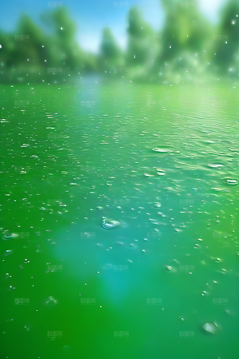 水滴水面照片与蓝天绿水数字背景