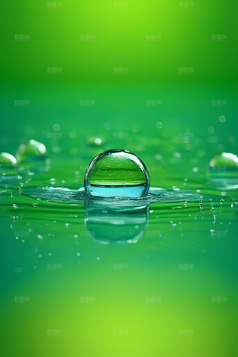 水滴水面照片与蓝天绿水数字背景