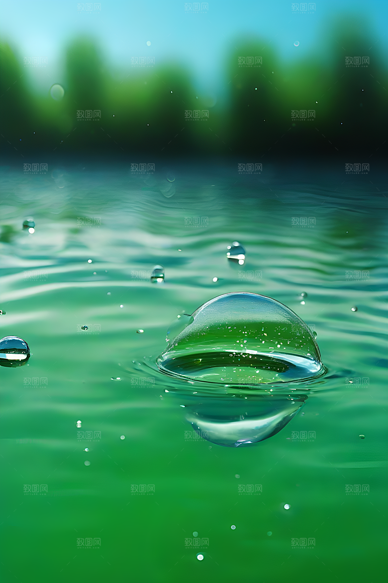 水滴水面照片与蓝天绿水数字背景