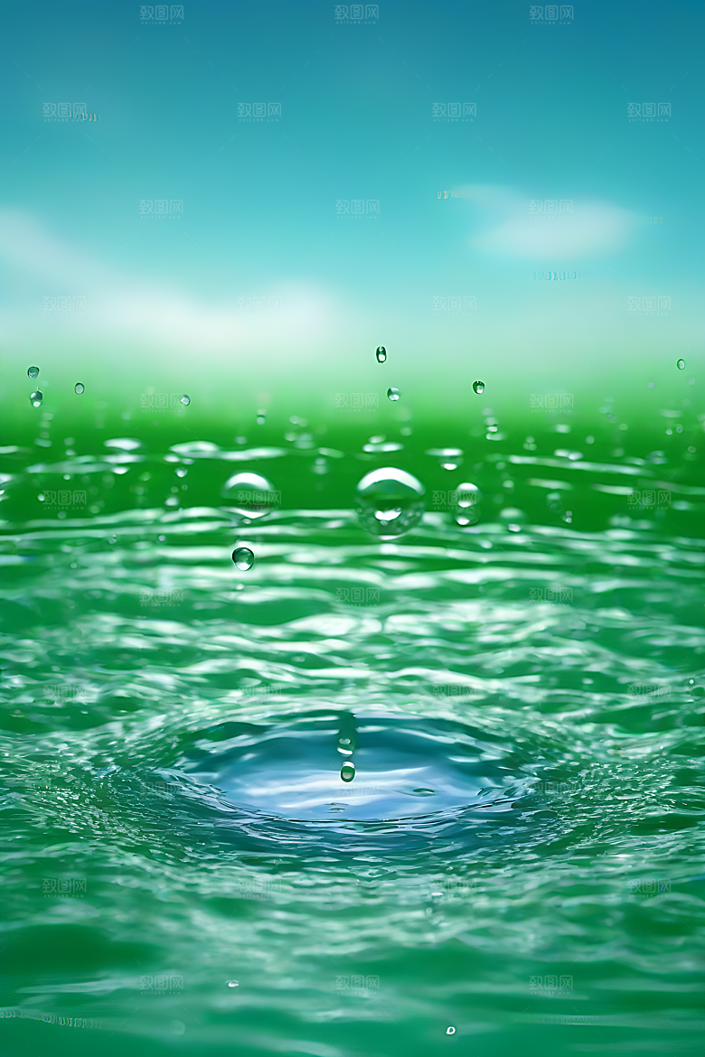 水滴水面照片与蓝天绿水数字背景