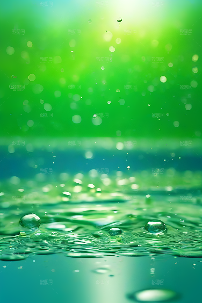 水面水滴照片与蓝天绿水数字背景