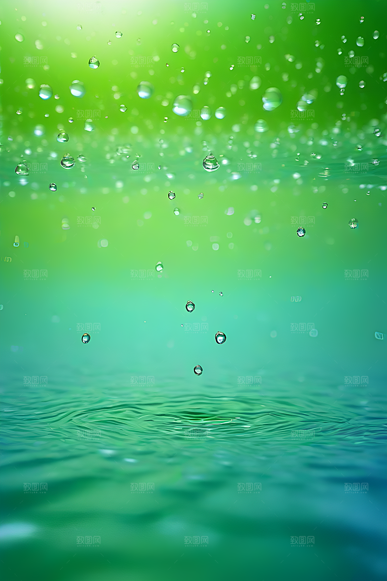 水面水滴照片与蓝天绿水数字背景