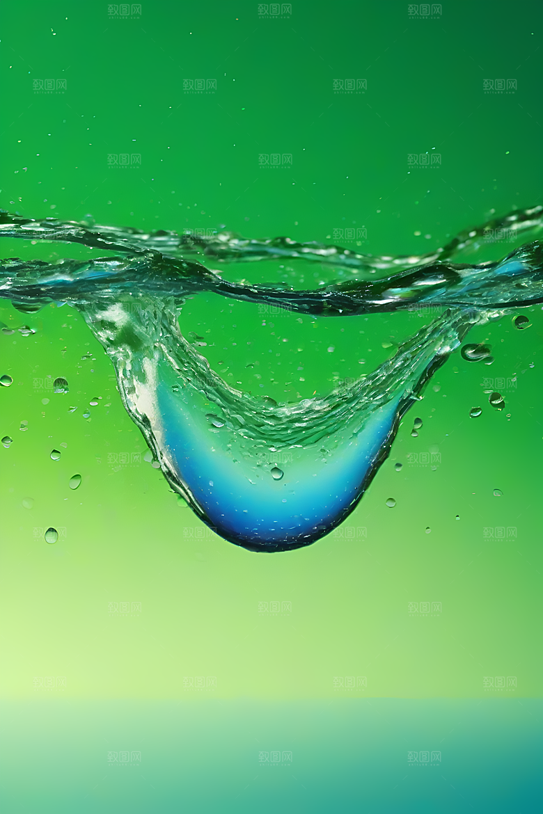 水面水滴照片与蓝天绿水数字背景