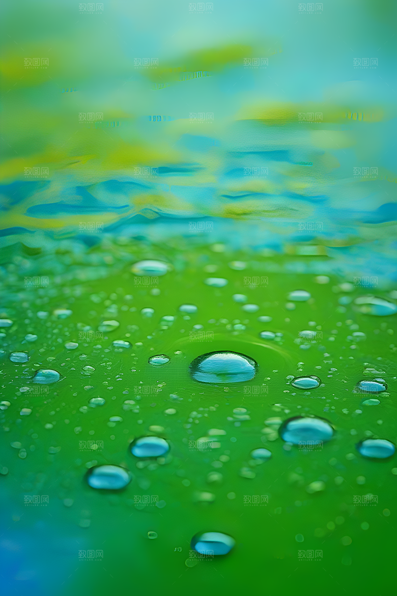 水面水滴照片与蓝天绿水数字背景