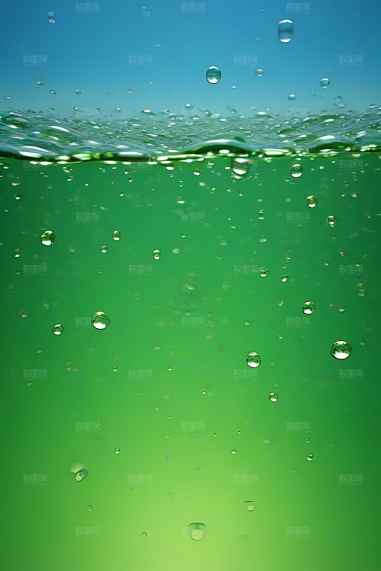 水面水滴照片与蓝天绿水数字背景