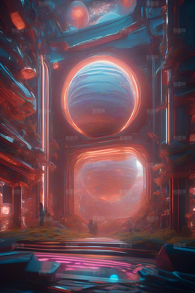 科幻未来元素融合的艺术插图