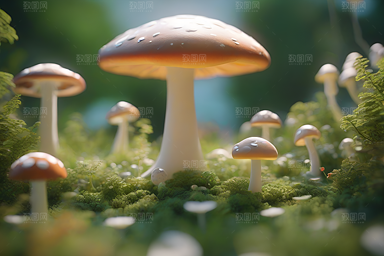 灌木丛的草地上的一群蘑菇