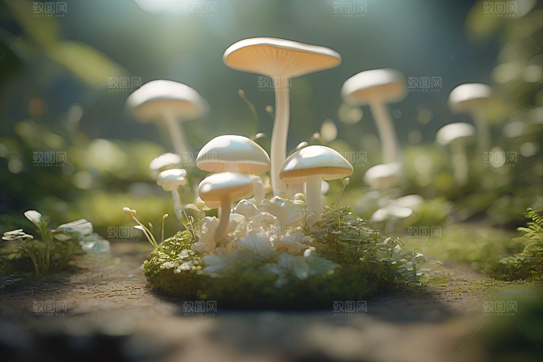 灌木丛的草地上的一群蘑菇