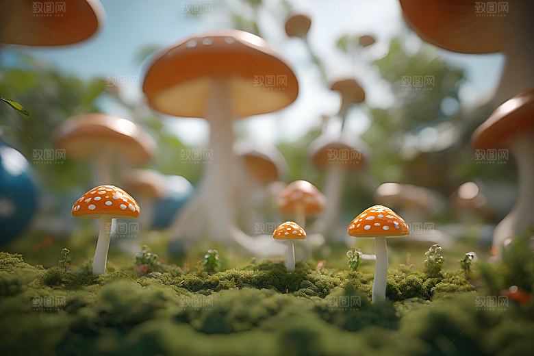 灌木丛的草地上的一群蘑菇