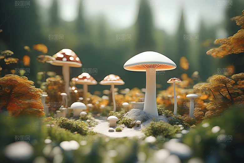 草地上的蘑菇群3D渲染作品