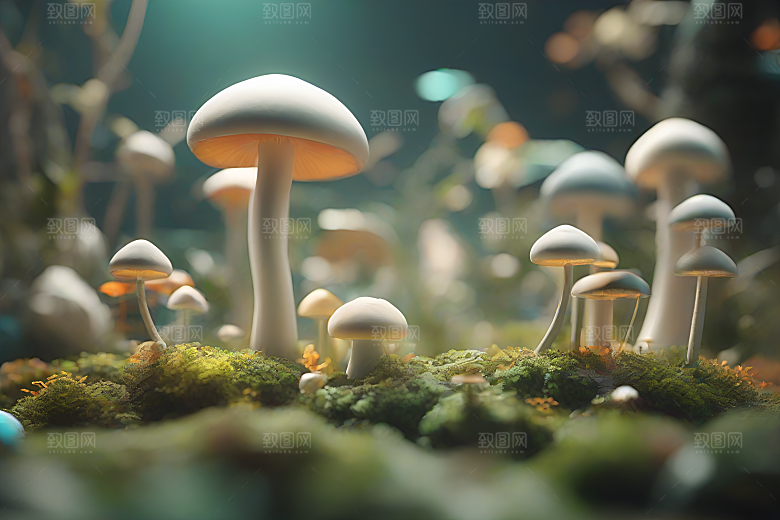草地上的蘑菇群3D渲染作品