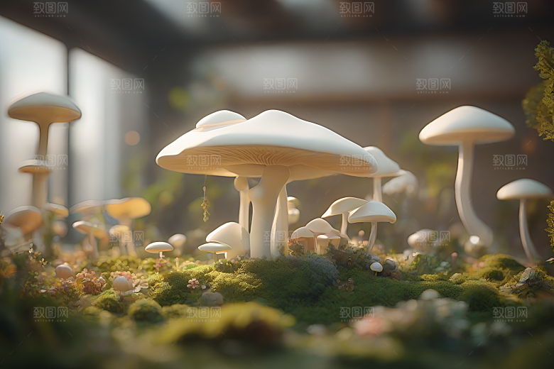 草地上的蘑菇群3D渲染作品