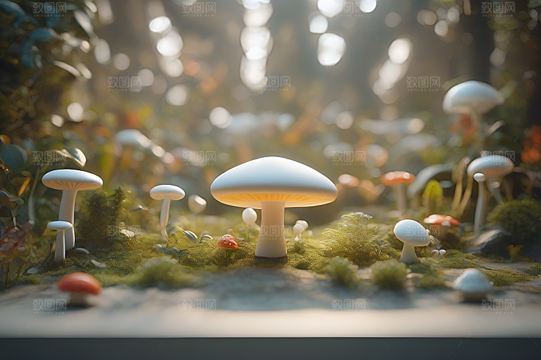 草地上的蘑菇群3D渲染作品