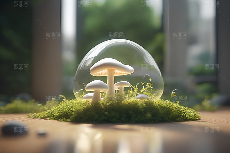 草地上的蘑菇群3D渲染作品