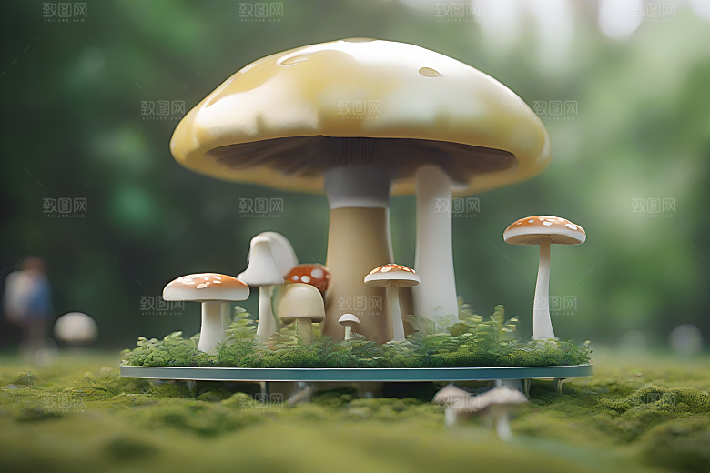 草地上的蘑菇群3D渲染作品