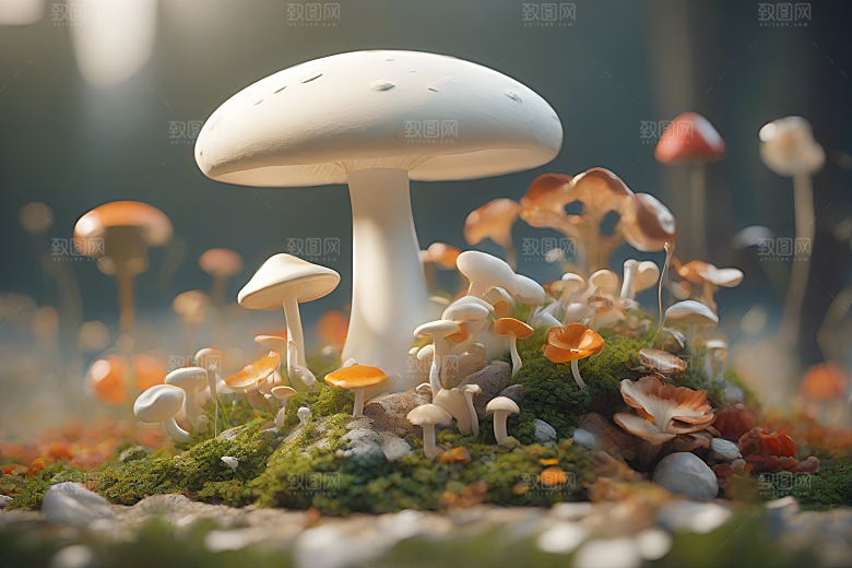 草地上的蘑菇群3D渲染作品