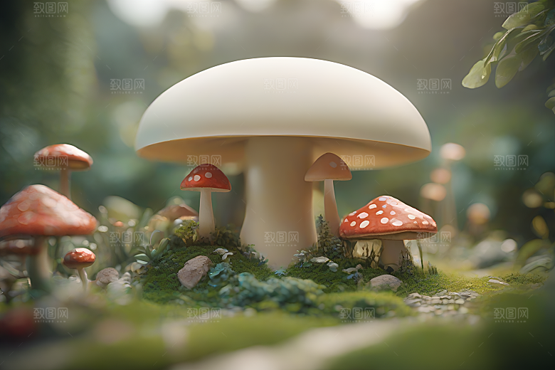 草地上的蘑菇群3D渲染作品