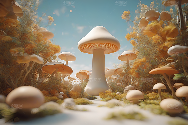 草地上的蘑菇群3D渲染作品