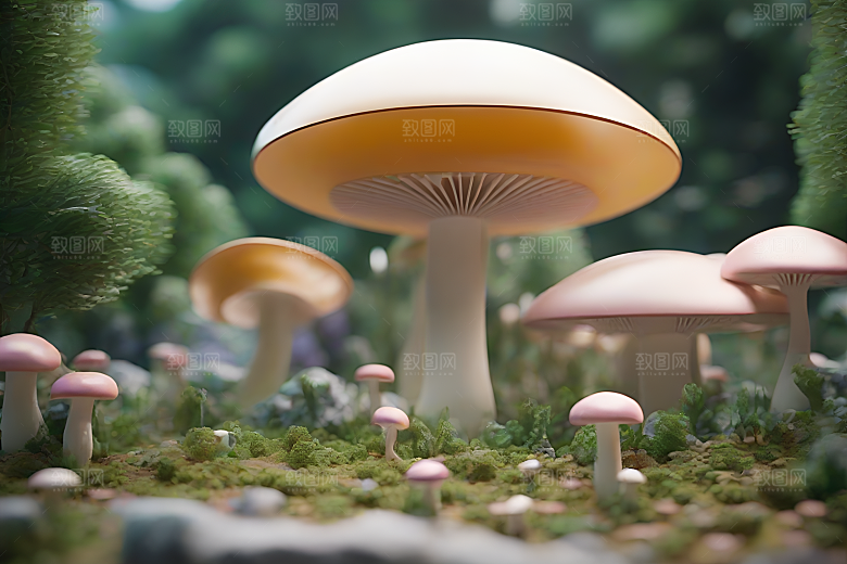 草地上的蘑菇群3D渲染作品