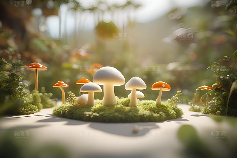 草地上的蘑菇群3D渲染作品
