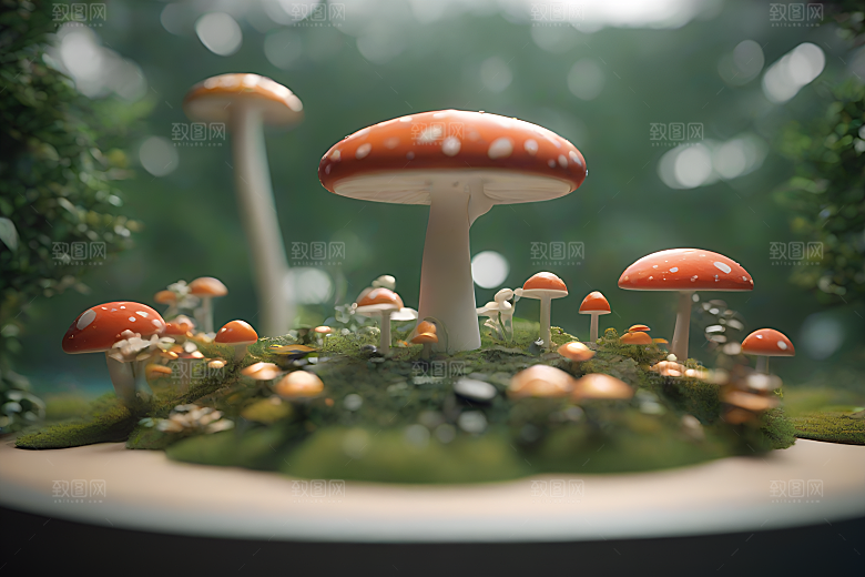 草地上的蘑菇群3D渲染作品