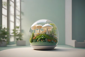 草地上的蘑菇群3D渲染作品