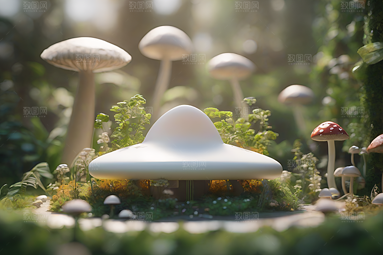 蘑菇群与模糊背景的渲染景象