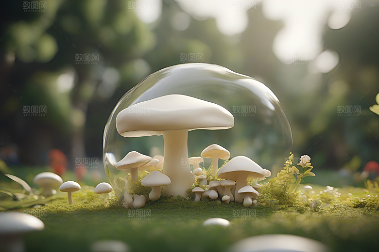 蘑菇群与模糊背景的渲染景象