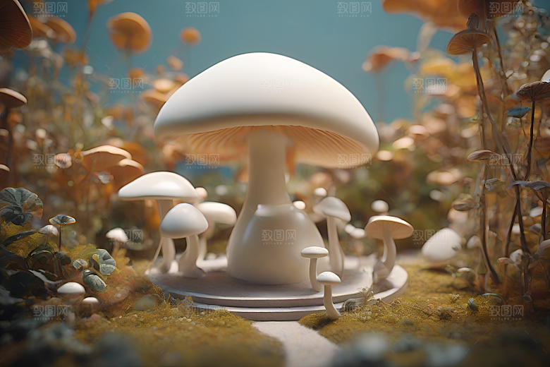 蘑菇群与模糊背景的渲染景象