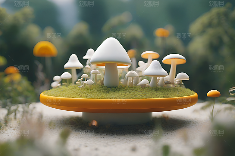 蘑菇群与模糊背景的渲染景象