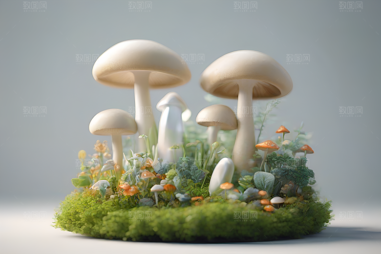 蘑菇群与模糊背景的渲染景象