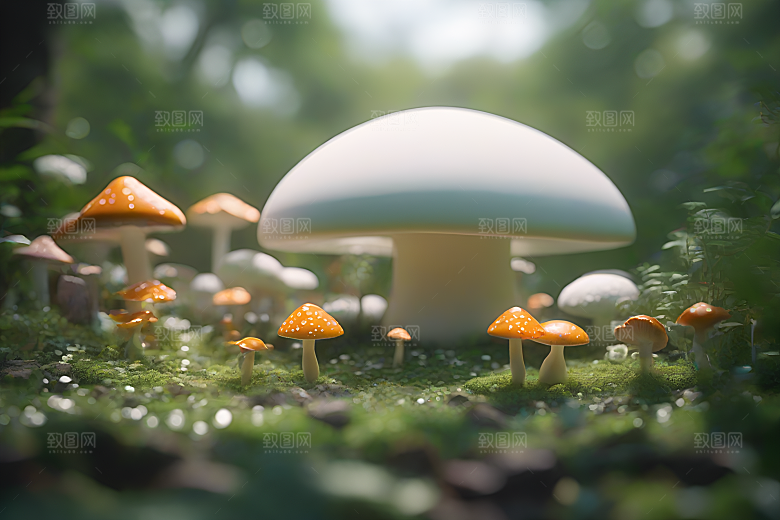 蘑菇群与模糊背景的渲染景象