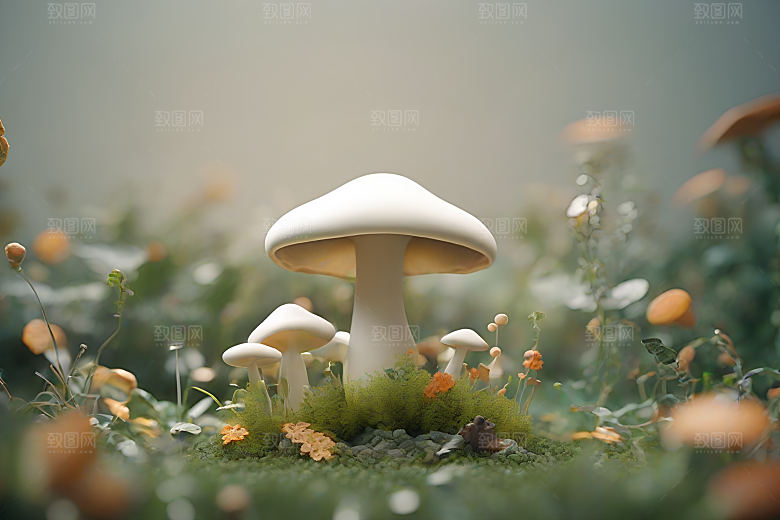 蘑菇群与模糊背景的渲染景象