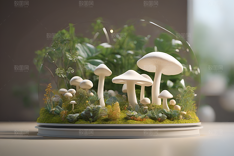 蘑菇群与模糊背景的渲染景象
