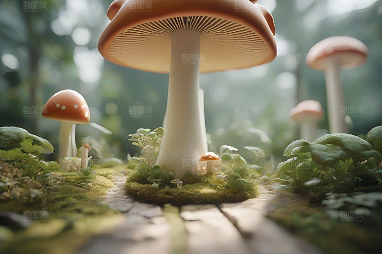 蘑菇群与模糊背景的渲染景象