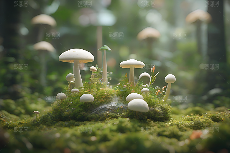 蘑菇群与模糊背景的渲染景象
