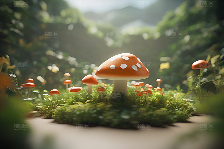 逼真蘑菇的草地渲染效果