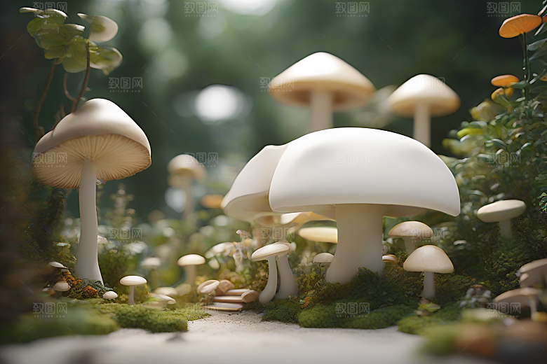 逼真蘑菇的草地渲染效果