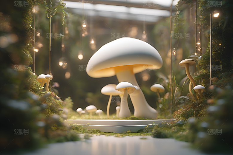 逼真蘑菇的草地渲染效果