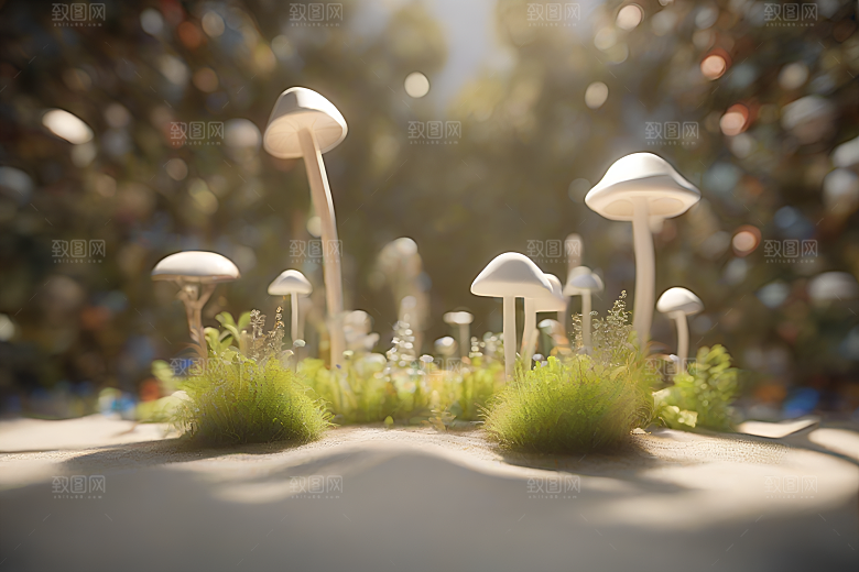 逼真蘑菇的草地渲染效果