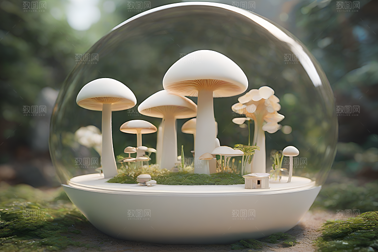 逼真蘑菇的草地渲染效果