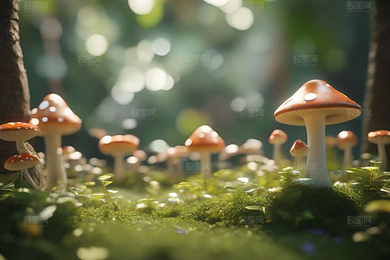逼真蘑菇的草地渲染效果