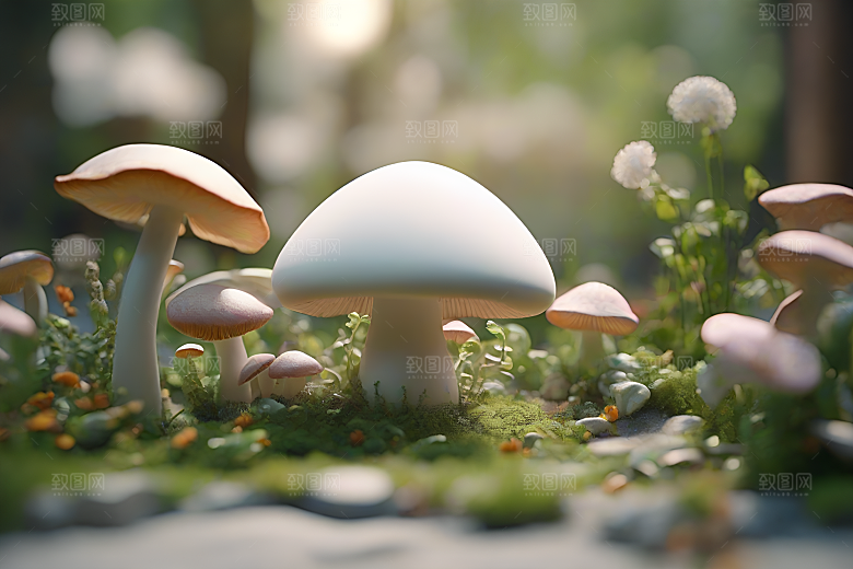 树木和灌木丛旁的蘑菇群渲染