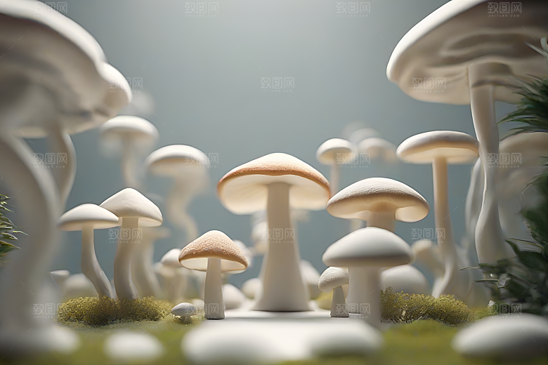 树木和灌木丛旁的蘑菇群渲染