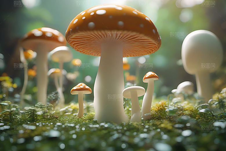 树木和灌木丛旁的蘑菇群渲染